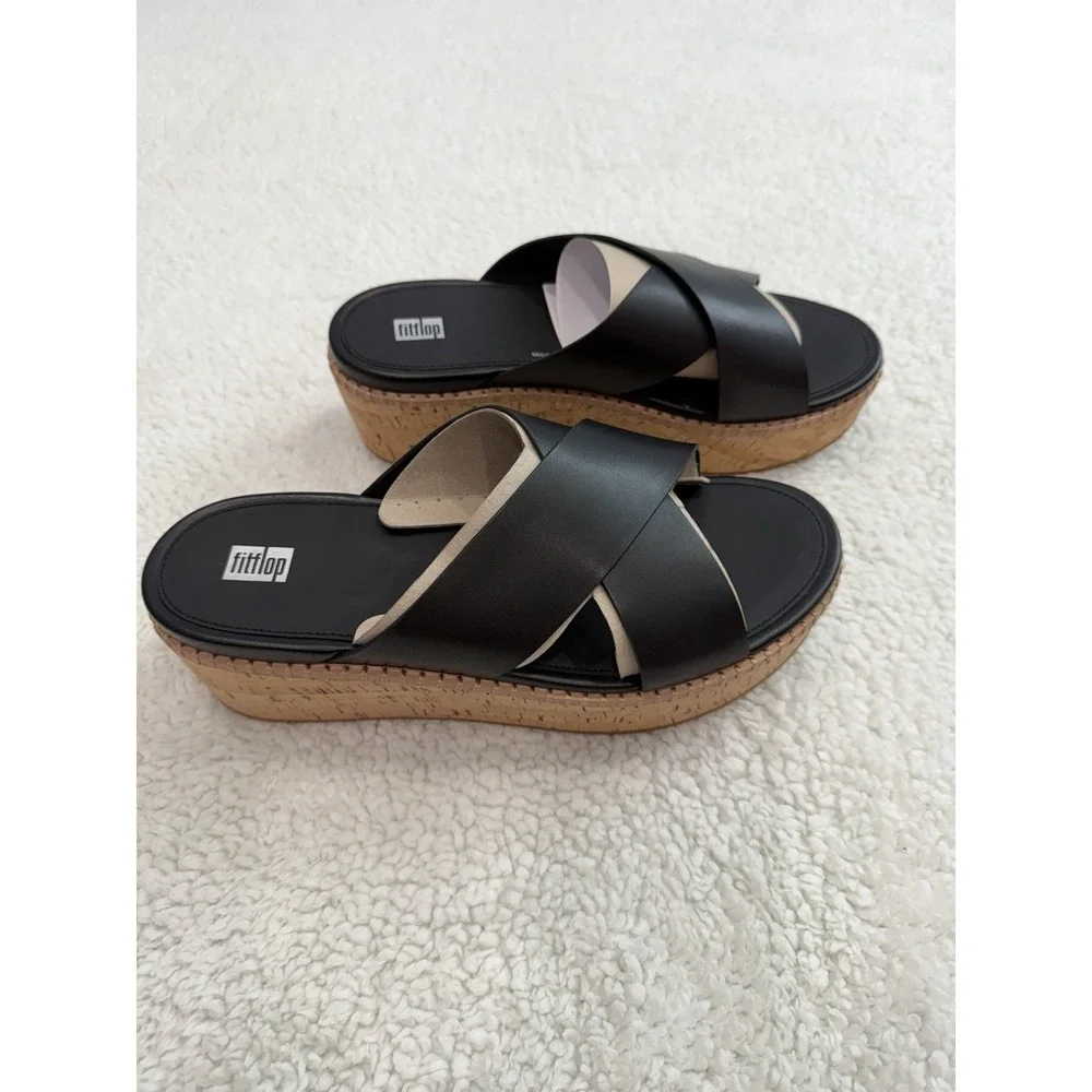 FitFlop PlatFForms Espadrille Leather Wedge Cross Slides Black Size 11 NIB